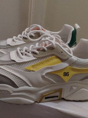 White Mesh Sneakers with Yellow Accent